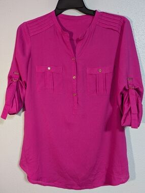 Calvin Klein Women's Fuchsia Roll-Sleeve Blouse